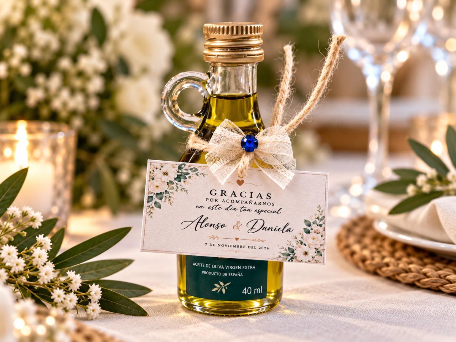 Botellita de AOVE de 40 ml personalizada para boda