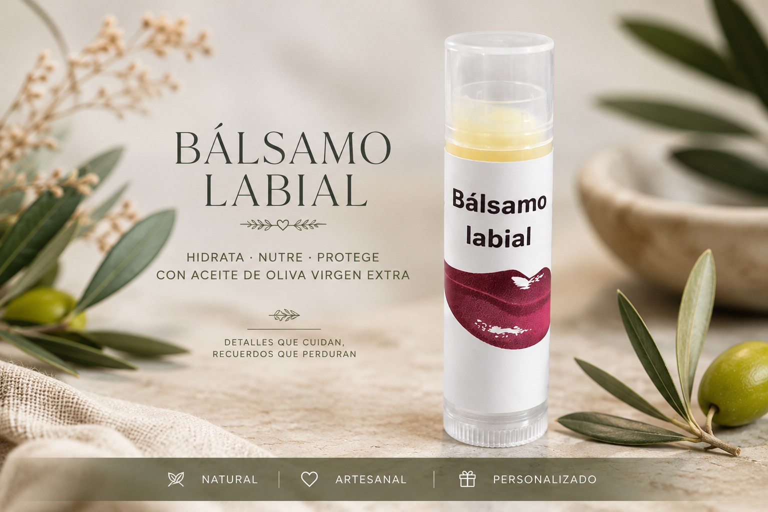 Bálsamo labial elaborado con aceite de oliva virgen extra