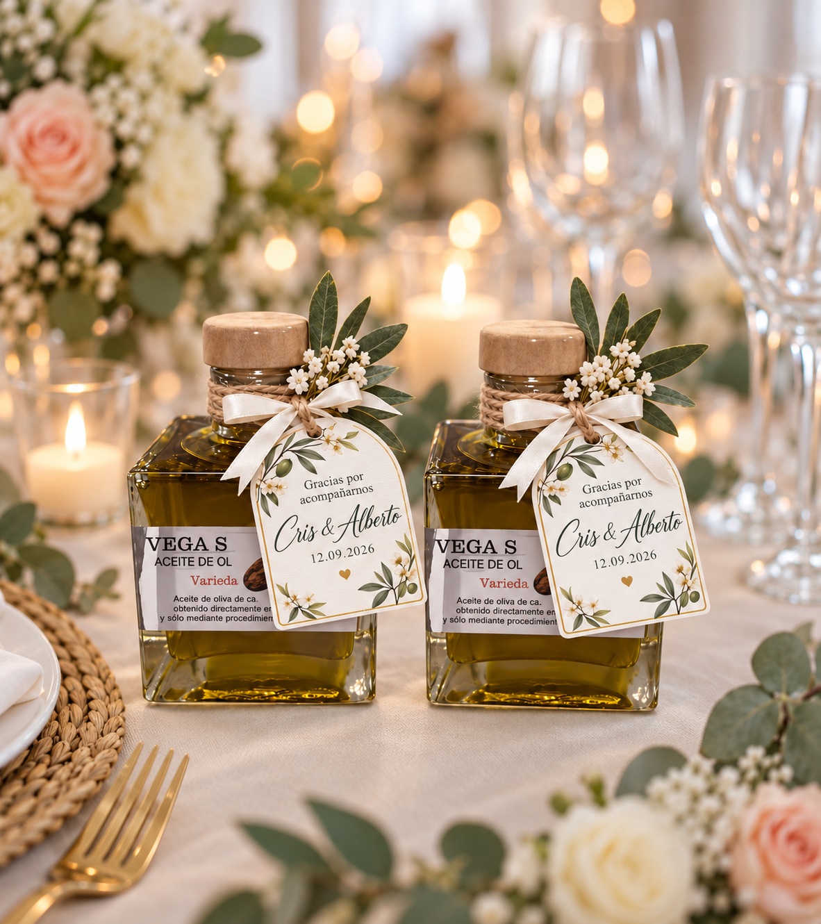 Dos botellitas cuadradas de AOVE de 100 ml decoradas para boda