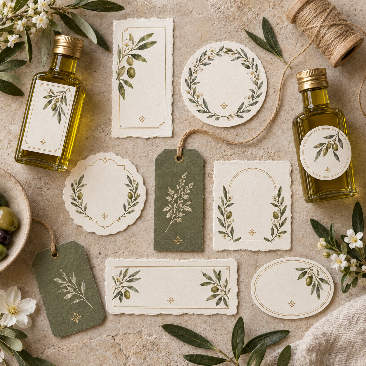 Colección de etiquetas de boda con motivos de olivo